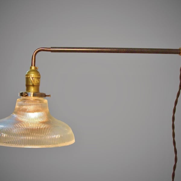 Industrial Wall Light - Vintage Railroad Sconce w/ Holophane Glass Ribbed Shade - Pharmacy Lamp - Industrial lighting - Steampunk Apothecary