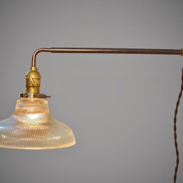 Industrial Wall Light - Vintage Railroad Sconce w/ Holophane Glass Ribbed Shade - Pharmacy Lamp - Industrial lighting - Steampunk Apothecary