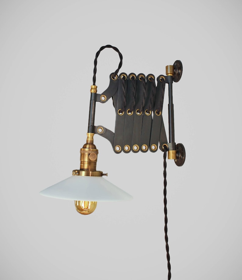 Vintage Industrial Scissor Lamp - Scissor Sconce - Expandable Accordion Lamp - Steampunk Light - Medical Machine Age Pulley Antique Cord
