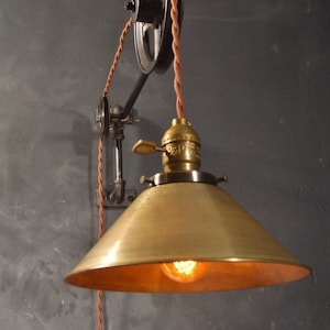 Vintage Industrial Pulley Light - Brass Cone Shade - Industrial Pulley Lamp - Wall Mount Light - Steampunk Sconce  Industrial Lighting 1940s