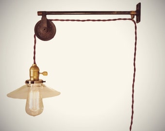 Vintage Industrial Pulley Sconce - CLEAR GLASS SHADE - Wall Mount Light - Machine Age Trouble Lamp Sconce, Milk Glass