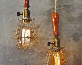 DOUBLE TROUBLE -- Set of 2 Vintage Industrial Trouble Lights - Machine Age Minimalist Pendant Cage Lamp