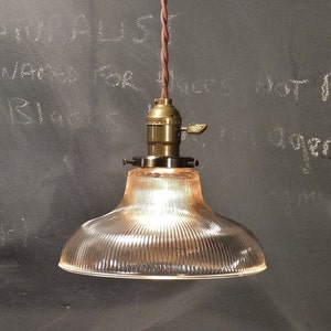 Vintage Industrial Holophane Shaded Pendant Lamp - Hanging Light with Ribbed Glass Shade