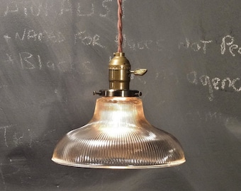 Vintage Industrial Holophane Shaded Pendant Lamp - Hanging Light with Ribbed Glass Shade