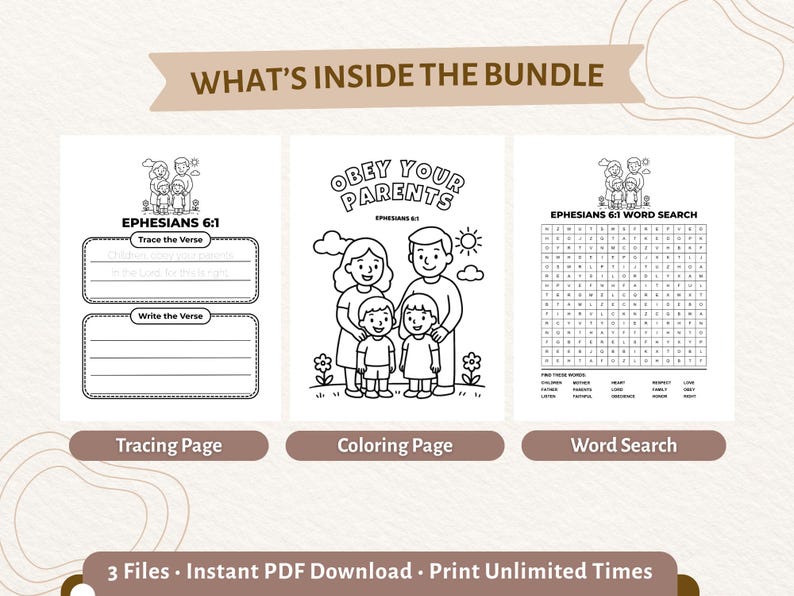 Ephesians 6:1 Activity Bundle for Kids | Coloring Tracing Word Search ...