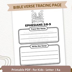 Könnte beinhalten: Eine schwarz-weiße Bibelvers-Nachverfolgungsseite für Kinder. Die Seite enthält den Text "Epheser 2:8-9" mit Abschnitten zum Nachzeichnen und Schreiben des Verses. Der untere Teil der Seite lautet "Druckbares PDF. Für Kinder. Letter / A4."