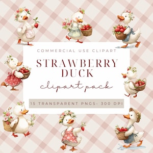 Strawberry Duck Clipart PNG – Kawaii Duck Digital Download, Cute Animal Graphics for Stickers, Scrapbooking, Stationery, Planner CPD01