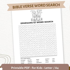 Puede incluir: Una búsqueda de palabras de versículos bíblicos imprimible para niños, con Efesios 6:1. El diseño en blanco y negro incluye un rompecabezas de palabras, una ilustración familiar y una lista de palabras para encontrar. El texto dice "PDF imprimible. Para niños. Carta / A4."