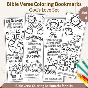May include: A set of four black and white printable bookmarks featuring Bible verses and illustrations for coloring. The designs include a globe with a cross, a rainbow with a sun, a singing child, and two children with birds, accompanied by colored pencils.
