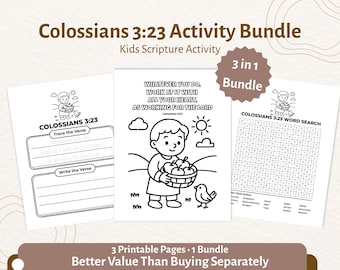 Pacchetto di attività per bambini su Colossesi 3:23 / Ricerca di parole da colorare e ricalcare / Impegnatevi con tutto il cuore / PDF per la scuola domenicale / CPD89