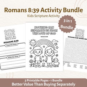 Może przedstawiać: Zestaw trzech stron z aktywnościami do wydruku dla dzieci, zatytułowany "Romans 8:39 Activity Bundle". Strony zawierają ćwiczenie polegające na śledzeniu wersetu, kolorowankę z tekstem "Nic nie może nas oddzielić od miłości Bożej" oraz wyszukiwanie słów.