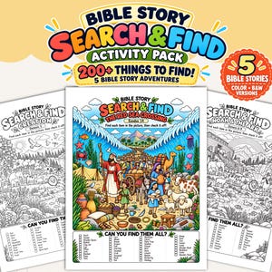 Puede incluir: Un paquete de actividades Bible Story Search & Find con tres hojas imprimibles. La hoja central es una ilustración colorida del cruce del Mar Rojo, mientras que las hojas laterales son dibujos de líneas en blanco y negro de la Creación y el Arca de Noé.