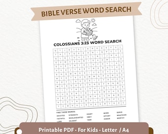Ricerca di parole in Colossesi 3:23 per bambini / Impegnatevi con tutto il cuore / Attività con versetti biblici / PDF stampabile per la scuola domenicale / CPD88