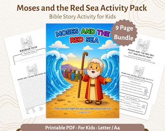 May include: An activity pack for children titled "Moses and the Red Sea Activity Pack". The cover shows Moses with a staff, the Red Sea, and the text "Moses and the Red Sea". Includes 9 pages of Bible story activities.