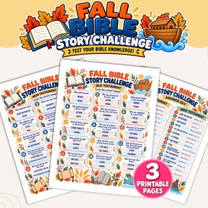Könnte beinhalten: Drei druckbare Seiten mit einer herbstlichen Bibel-Story-Challenge mit Multiple-Choice-Fragen zum Alten und Neuen Testament. Die Blätter enthalten bunte Herbstblatt-Illustrationen, ein Buch, eine Arche und einen Antwortschlüssel.