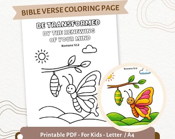 Romani 12:2 Pagina da colorare / Versetto della Bibbia "Siate trasformati" stampabile / Attività biblica per bambini cristiani / PDF per la scuola domenicale / CPD42