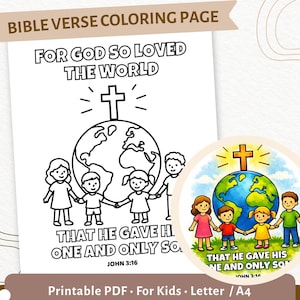 John 3:16 Coloring Page for Kids | For God So Loved the World Printable | Christian Bible Verse Activity | Sunday School PDF | CPD29