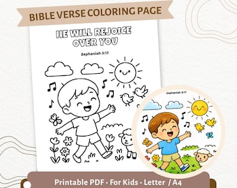 Zephanias 3:17 Malvorlage für Kinder | Er wird sich über Sie freuen Bibel Vers Printable | Christliche Ermutigung PDF | CPD51