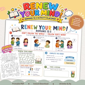 Może przedstawiać: Kolorowa podkładka z zadaniami zatytułowana RENEW YOUR MIND! ROMANS 12:2, zawierająca wiele sekcji z ilustracjami dzieci, labiryntem, wersetami do uzupełnienia oraz dodatkową czarno-białą stroną do kolorowania z tym samym tytułem.
