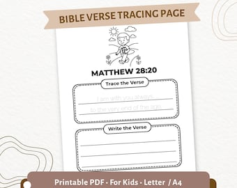 Matteo 28:20 Pagina da ricalcare per bambini / Io sono con voi tutti i giorni, fino alla fine del mondo / Attività di scrittura a mano con versetti biblici in PDF / CPD95