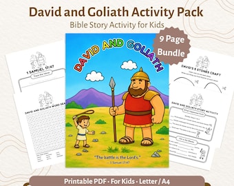 Pacchetto di attività su Davide e Golia per bambini / Scheda di lavoro sulla storia biblica / Ricerca di parole / PDF stampabile per la scuola domenicale / CPD104