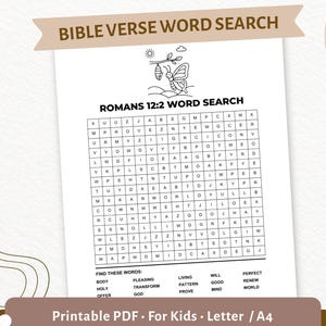 Könnte beinhalten: Ein schwarz-weißes Bibelvers-Suchrätsel für Kinder mit dem Text "Römer 12,2". Das druckbare PDF enthält ein Suchgitter, eine Schmetterlingsgrafik und eine Liste der zu findenden Wörter. Das Dokument ist für die Formate Letter und A4 konzipiert.