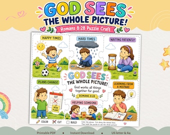 Römer 8,28: Bastelidee für Kinder, Ausmalbild-Puzzle, Bastelidee für den Sonntagsschulunterricht, Bibelvers-Aktivität, Kinderkirche, Homeschooling-Material zum Ausdrucken (CPD127)
