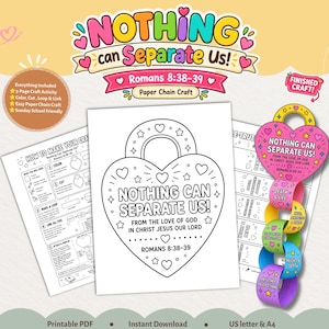 Peut inclure: Un kit de bricolage en papier à imprimer avec le texte Nothing Can Separate Us tiré de Romains 8:38-39. L'ensemble comprend une page de coloriage en forme de cœur en noir et blanc, des feuilles d'instructions et un exemple de chaîne en papier.