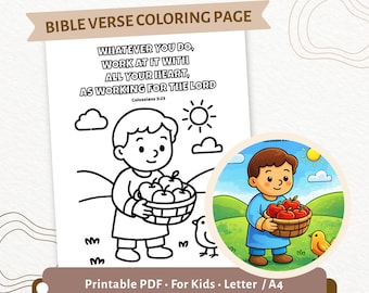 Pagina da colorare di Colossesi 3:23 per bambini / Qualunque cosa facciate, fatela con tutto il cuore / Attività con versetti biblici / PDF per la scuola domenicale / CPD39