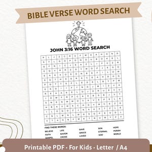 May include: A black and white Bible verse word search puzzle for kids. The title "Bible Verse Word Search" is at the top, with "John 3:16 Word Search" below. The bottom of the page reads "Printable PDF - For Kids - Letter / A4".
