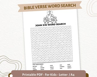 Giovanni 3:16 Ricerca di parole per bambini / Attività con versetti biblici stampabile / Scheda di lavoro sulle Scritture del Vangelo / PDF per la Scuola Domenicale / CPD71