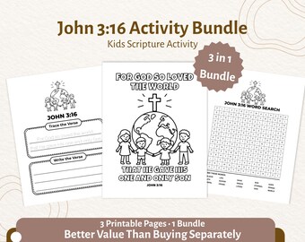 John 3:16 Aktivitätspaket für Kinder | Färbung Verfolgung Wortsuchlauf | Bibel Vers Schrift Set | Sonntagsschule PDF | CPD72