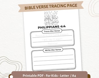 Pagina da ricalcare per bambini su Filippesi 4:4 / Rallegratevi sempre nel Signore / Attività di scrittura a mano con versetti biblici in PDF / CPD101