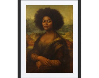 Puede incluir: Impresión artística enmarcada que presenta una versión reimaginada de la Mona Lisa. El sujeto tiene piel oscura y un peinado afro. La obra de arte está ambientada sobre un fondo de paisaje, y el marco es negro.