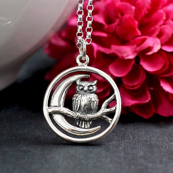 Sterling Silver Owl Necklace, for women, Owl Moon Necklace, Athenas Owl, owl pendant, owl necklace silver, Owl Jewelry, silver owl necklace