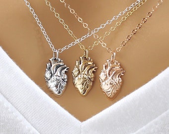 Anatomical Heart Necklace Sterling Silver, Gold, Rose Gold, Heart Necklace, Anatomy Heart Charm, Zombie Heart, Anatomy Heart