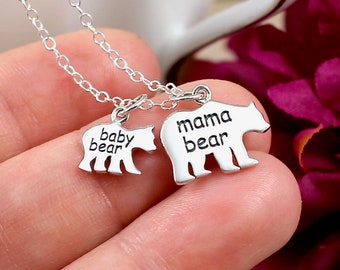 Mama Bear Baby Bear Necklace, Sterling Silver, Mother's Day