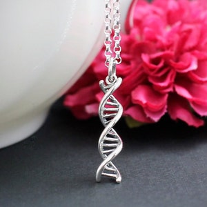 Sterling Silver DNA Double Helix Necklace, Women in Science Biology Charm Jewelry Molecule Molecular Biologist Medical Deoxyribonucleic Acid