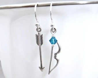 Sterling Silver Bow and Arrow Earrings, Archery Earrings, Crystal Birthstone, Sagittarius Earrings, Archery Jewelry, Mismatched Earrings