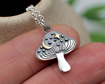 Mushroom Necklace, Sterling Silver Mushroom Necklace, Mushroom Jewelry, Mushroom with Moon and Star, for women, for men, Mushroom Pendant