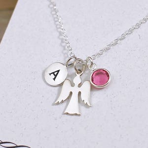 Personalized Sterling Silver Angel Necklace, Guardian Angel Necklace, Remembrance Necklace, Memorial Necklace, with Birthstone, with Initial
