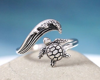 Sterling Silver Baby Sea Turtle and Wave Ring, tortoise ring, Surfer Jewelry, Wave Jewelry, adjustable ring, Ocean Jewelry, Summer Jewelry
