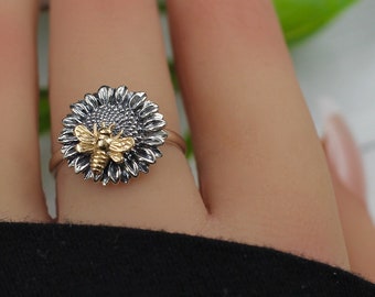 Bee Ring, Sunflower Ring, Earrings, for women, sterling silver, Bee Inspired Jewelry, Bug Ring, Gifts For Bee Lovers, Ring Size 5 6 7 8 9