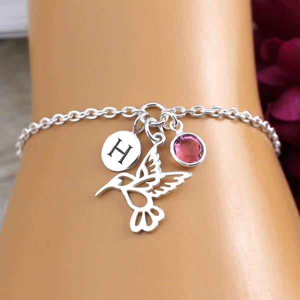 Personalized Hummingbird Bracelet, Initial Bracelet, Birthstone Bracelet, Custom Hummingbird Charm Bracelet, Hummingbird Jewelry