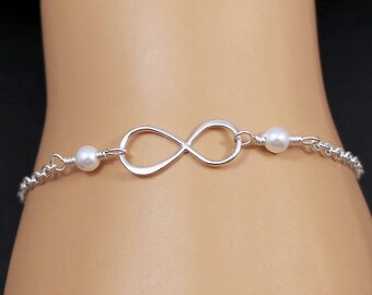 Sterling Silver Infinity Bracelet, Infinity Pearl Bracelet, Infinity Jewelry, Bridesmaid Bracelet, Mother of the Bride, Mother of the Groom