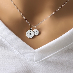 Compass Necklace with Initial, Sterling Silver, for Women, Graduation Necklace, Gift for Her, Retirement Necklace, Retirement Gifts