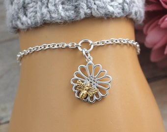 Bee Bracelet, Daisy Bracelet, Sterling Silver, Charm bumble bee honey bee bracelet, bumblebee, honeybee, Jewelry, bee gifts, for women