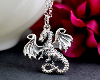 Sterling Silver Dragon Necklace, Silver Dragon Pendant Necklace, Realistic Dragon Necklace, Fairy Tale Dragon Necklace, Dragon Pendant Charm