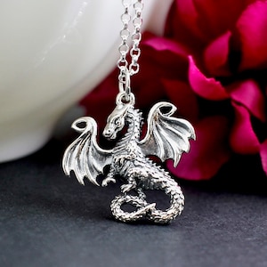 Sterling Silver Dragon Necklace, Silver Dragon Pendant Necklace, Realistic Dragon Necklace, Fairy Tale Dragon Necklace, Dragon Pendant Charm