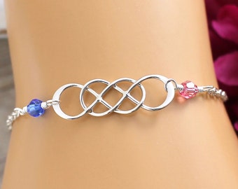 Infinity Bracelet, Sterling Silver, Women, Birthstone Bracelet, Bridesmaid Bracelet, Double Infinity Bracelet, Birthstone Crystal Bracelet